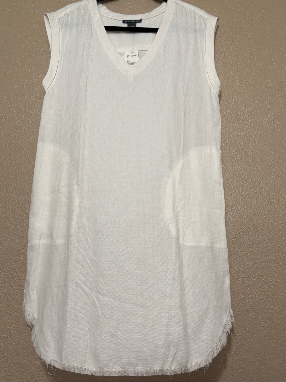 Ivory White Sleeveless V-Neck Shift Dress with Raw Hem